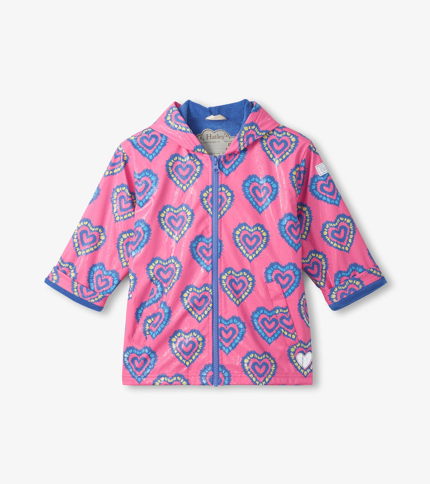 Pink hooded zip-up rain jacket with blue heart print and blue trim, front view