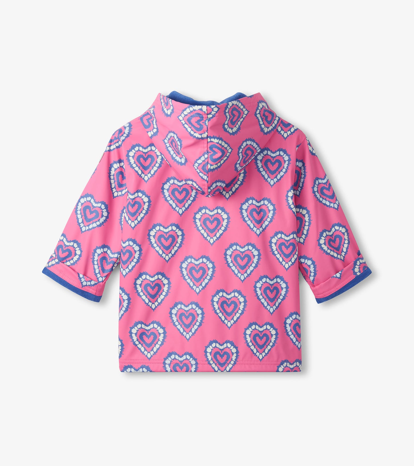 Pink hooded zip-up rain jacket with blue heart pattern, back view