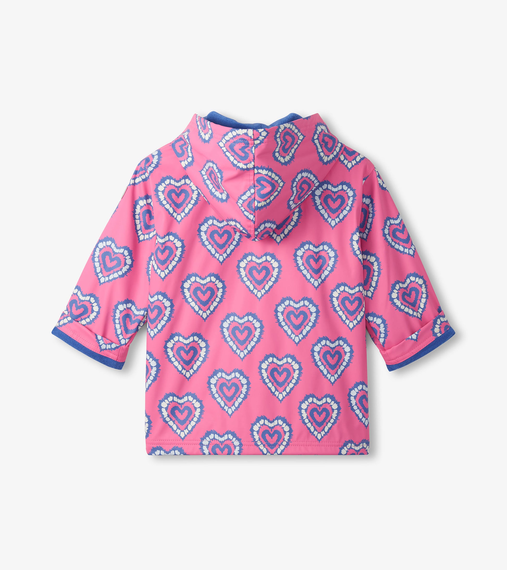 Pink hooded zip-up rain jacket with blue heart pattern, back view