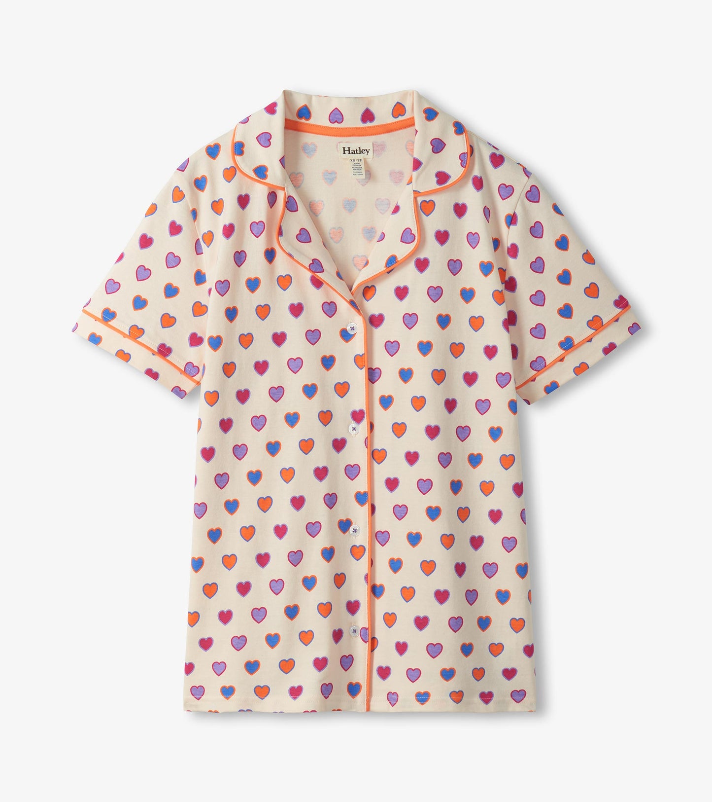 Cream short-sleeve button-front pajama top with multicolor heart print and orange piping, front view