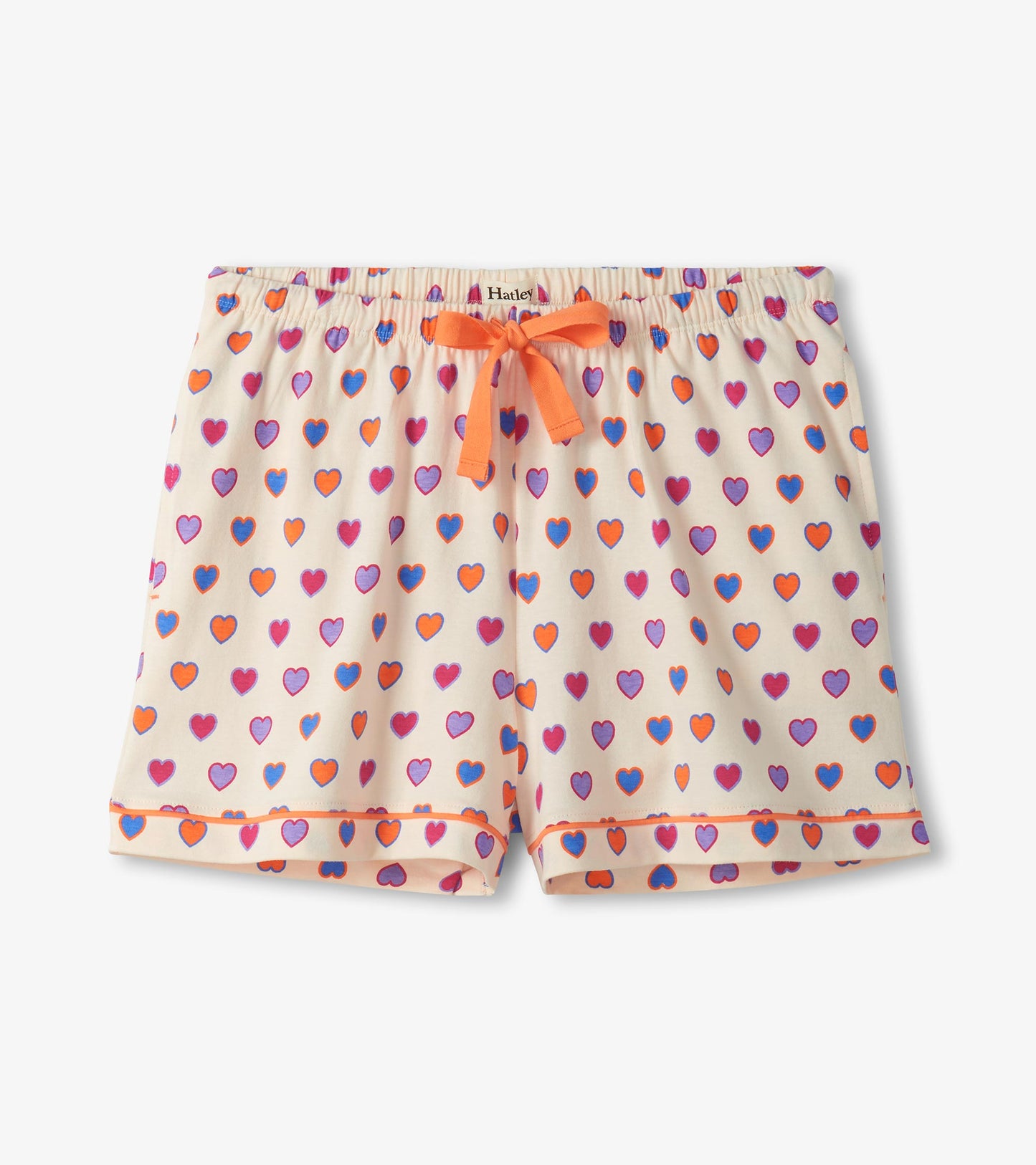 Cream pajama shorts with multicolor heart print and orange drawstring waistband, front view