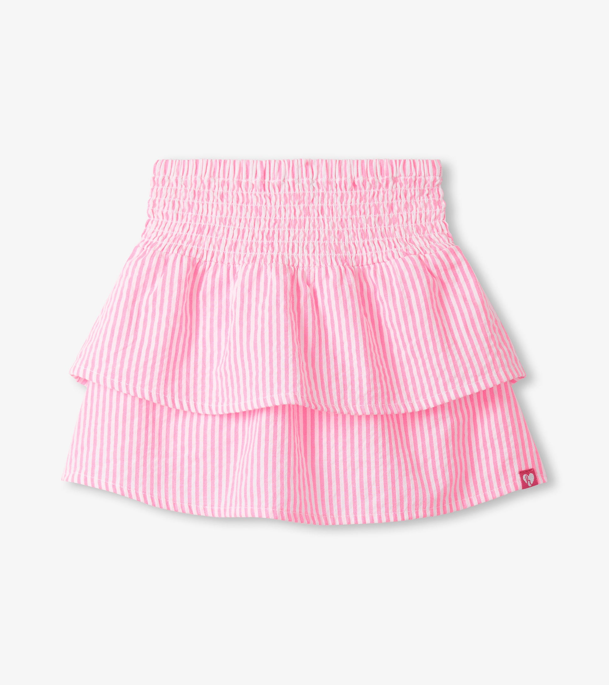 Girls neon pink and white striped seersucker skirt with smocked waistband, front view