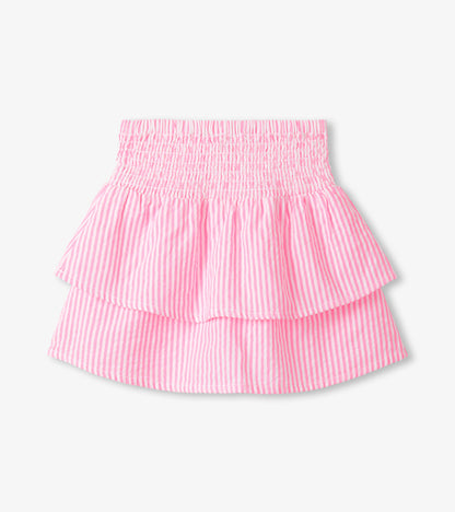 Girls neon pink seersucker striped smocked waist skirt