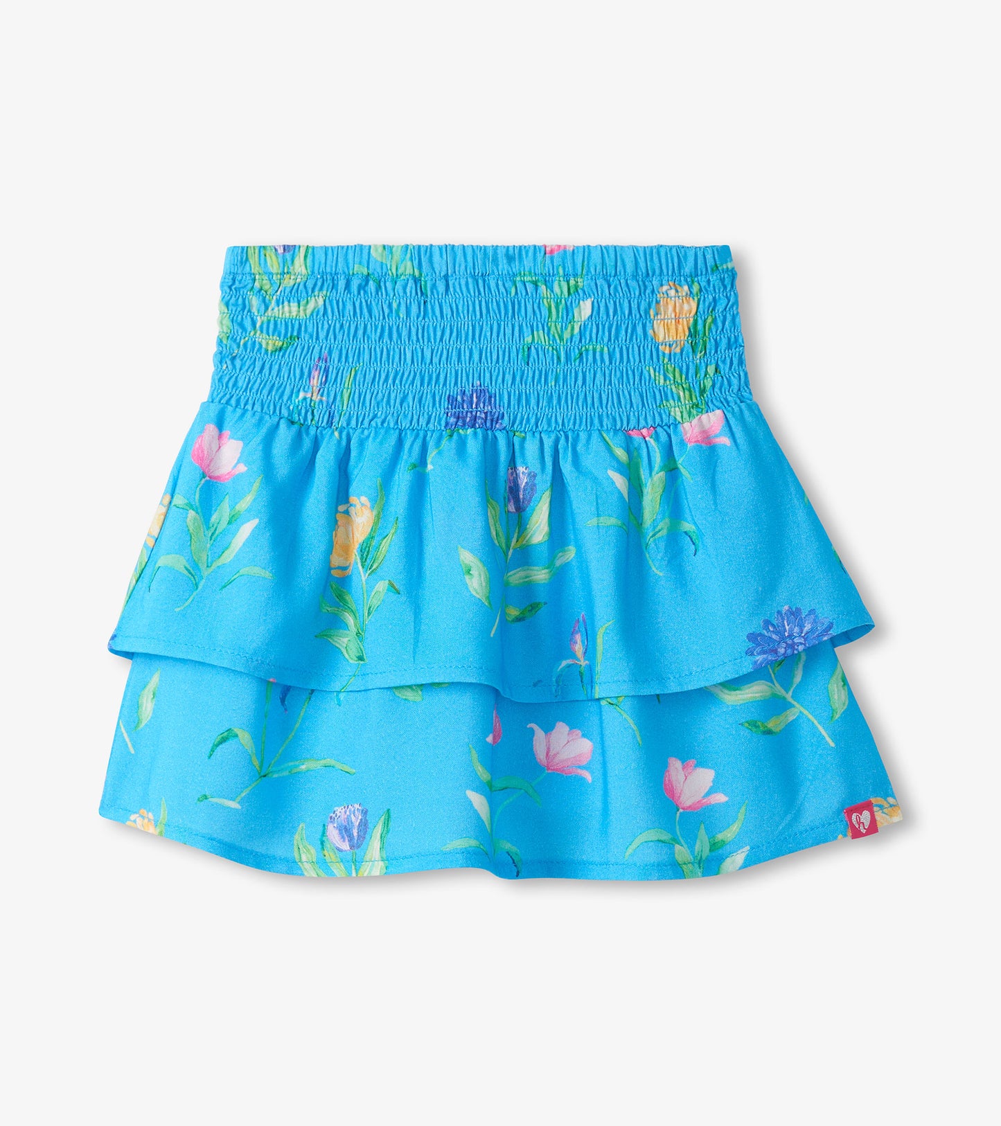 Blue girls skirt with smocked waist and layered floral print hem