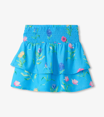 Blue girls floral smocked waist skirt with layered ruffle hem