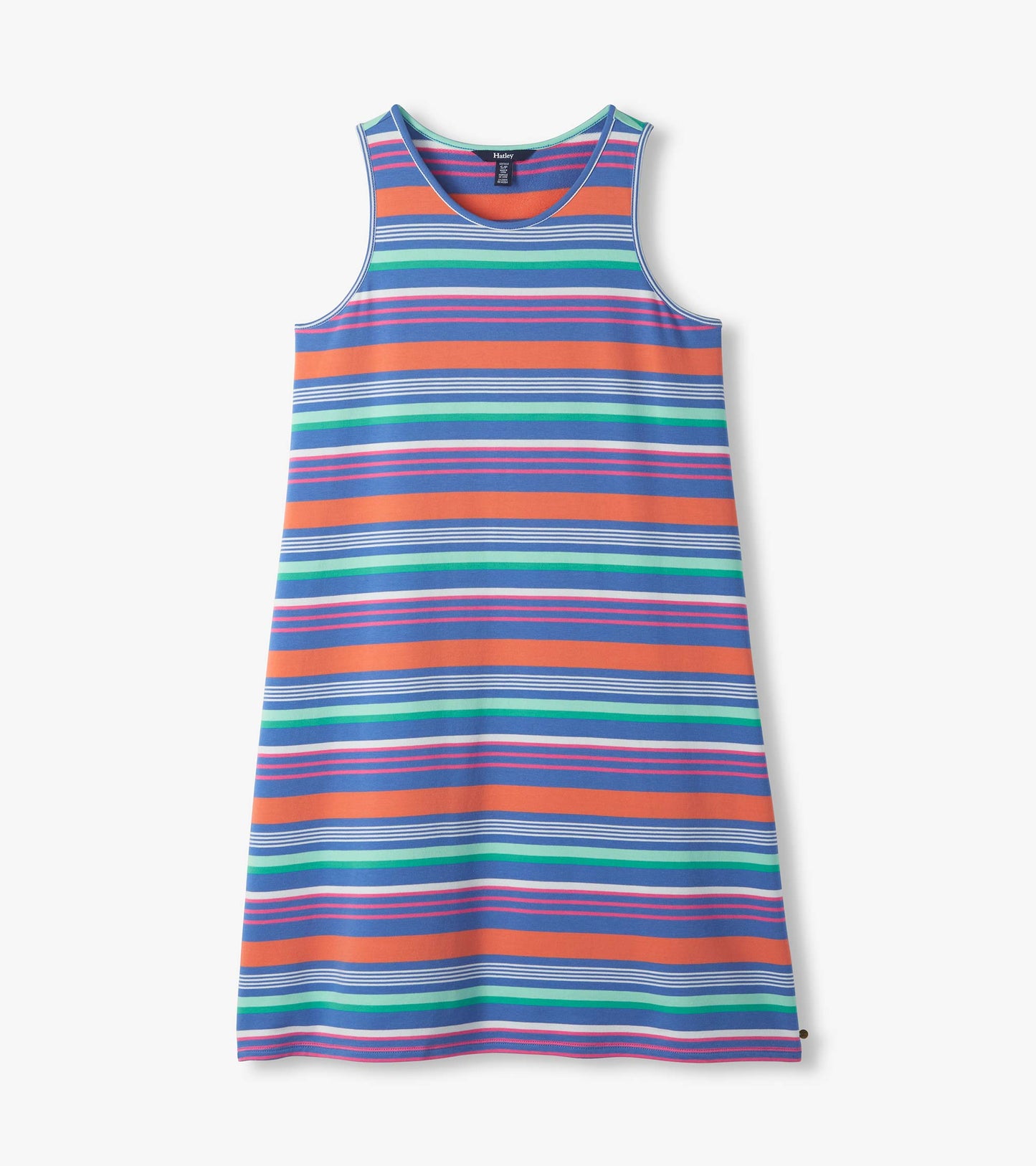 Bella striped tank dress laid flat, showing scoop neck and multicolor horizontal stripe pattern