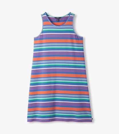 Bella striped tank dress laid flat, showing scoop neck and multicolor horizontal stripe pattern