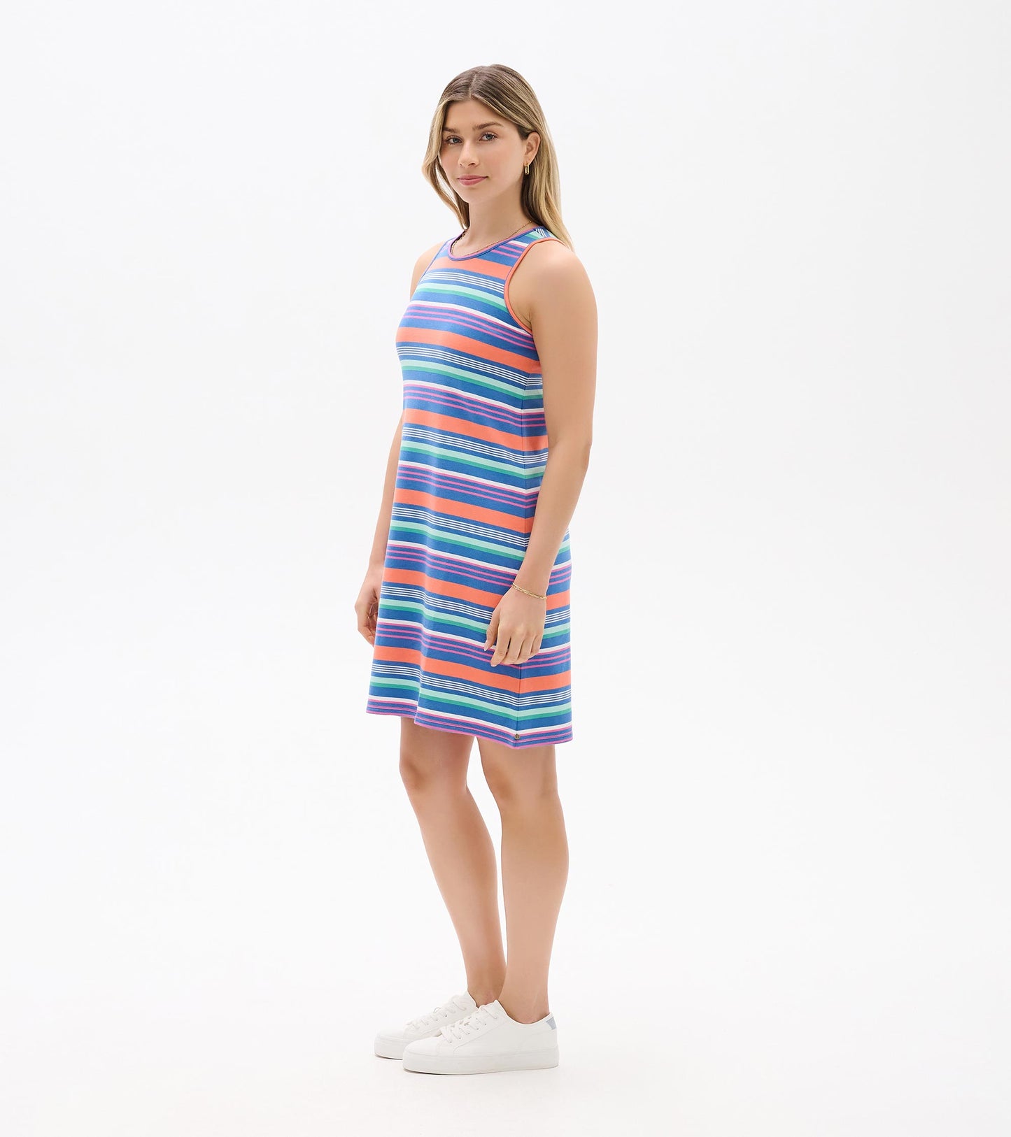 Side front view of Bella sleeveless striped dress in coral, blue, teal, pink, and white