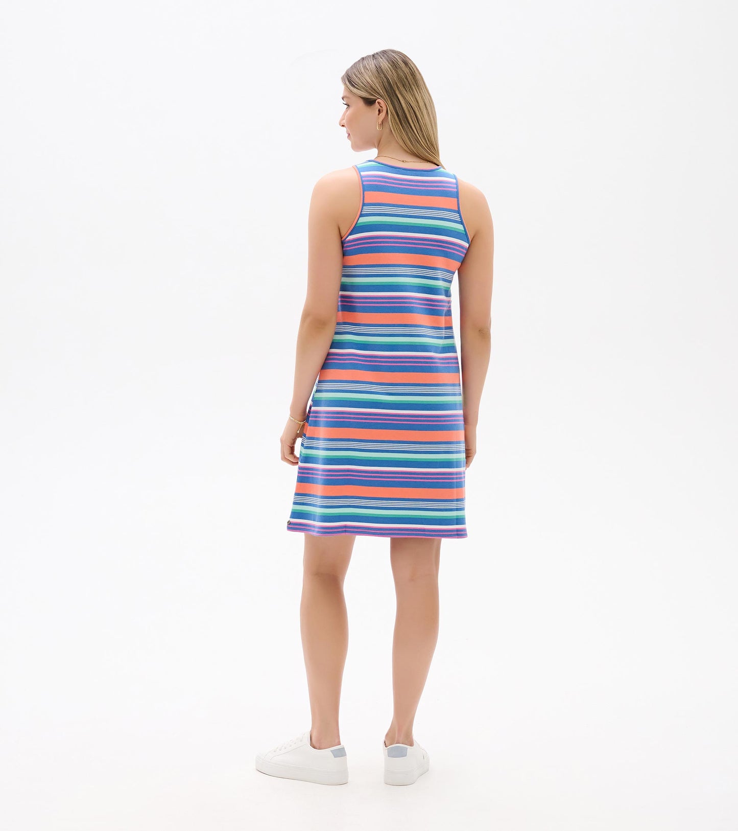 Back view of Bella sleeveless dress with multicolor horizontal stripes and knee-length hem
