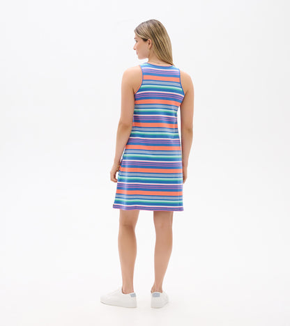 Back view of Bella sleeveless dress with multicolor horizontal stripes and knee-length hem