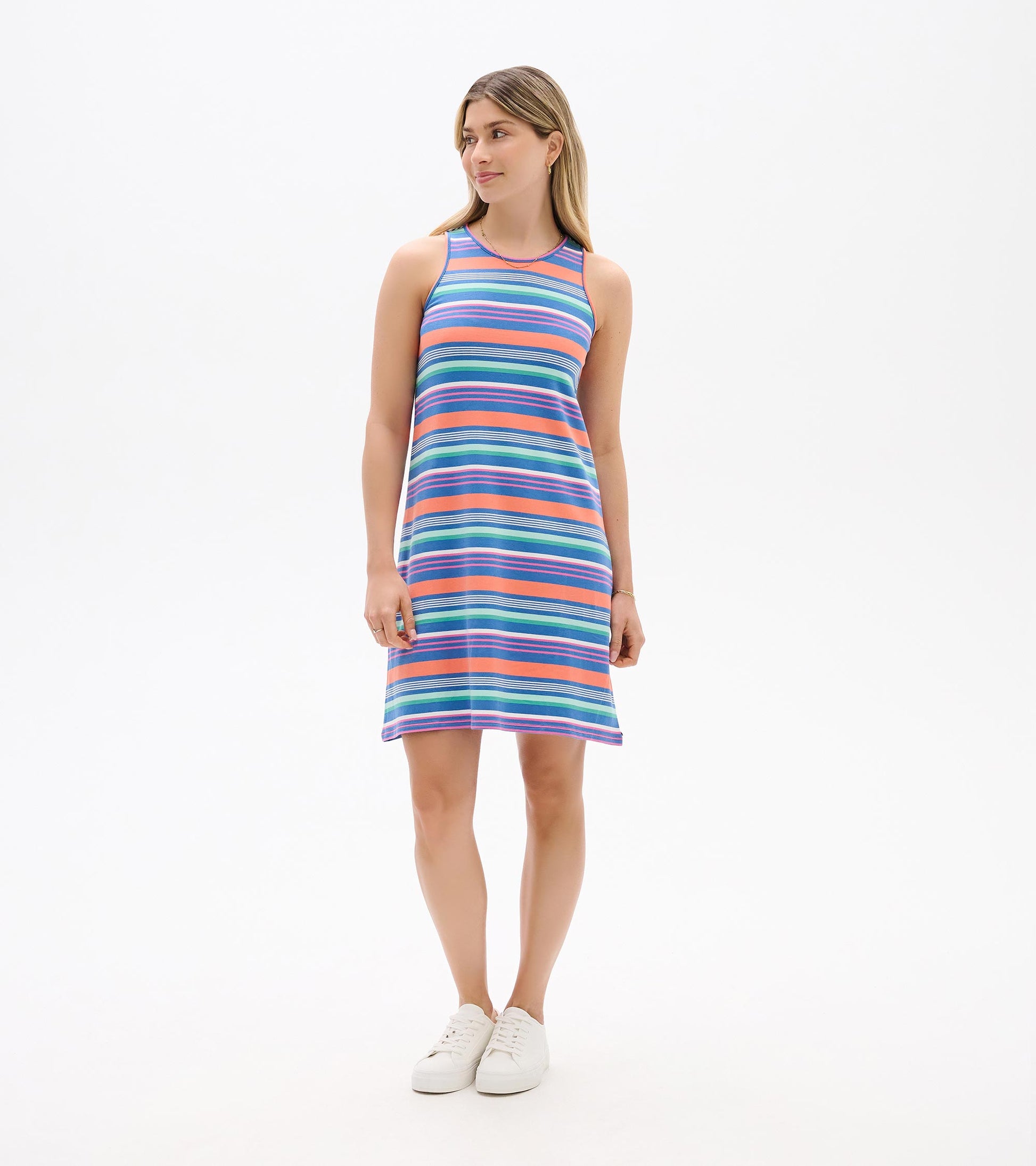 Full front view of Bella striped tank dress with scoop neck and above-knee A-line silhouette