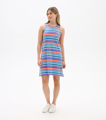 Full front view of Bella striped tank dress with scoop neck and above-knee A-line silhouette