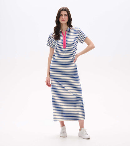 Front view of a blue-and-white striped maxi dress with short sleeves and a pink zip placket.