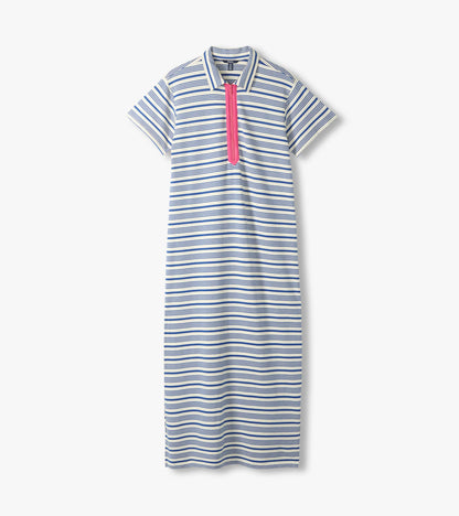Front view of a cream maxi dress with blue stripes, short sleeves, collar, and pink zip placket