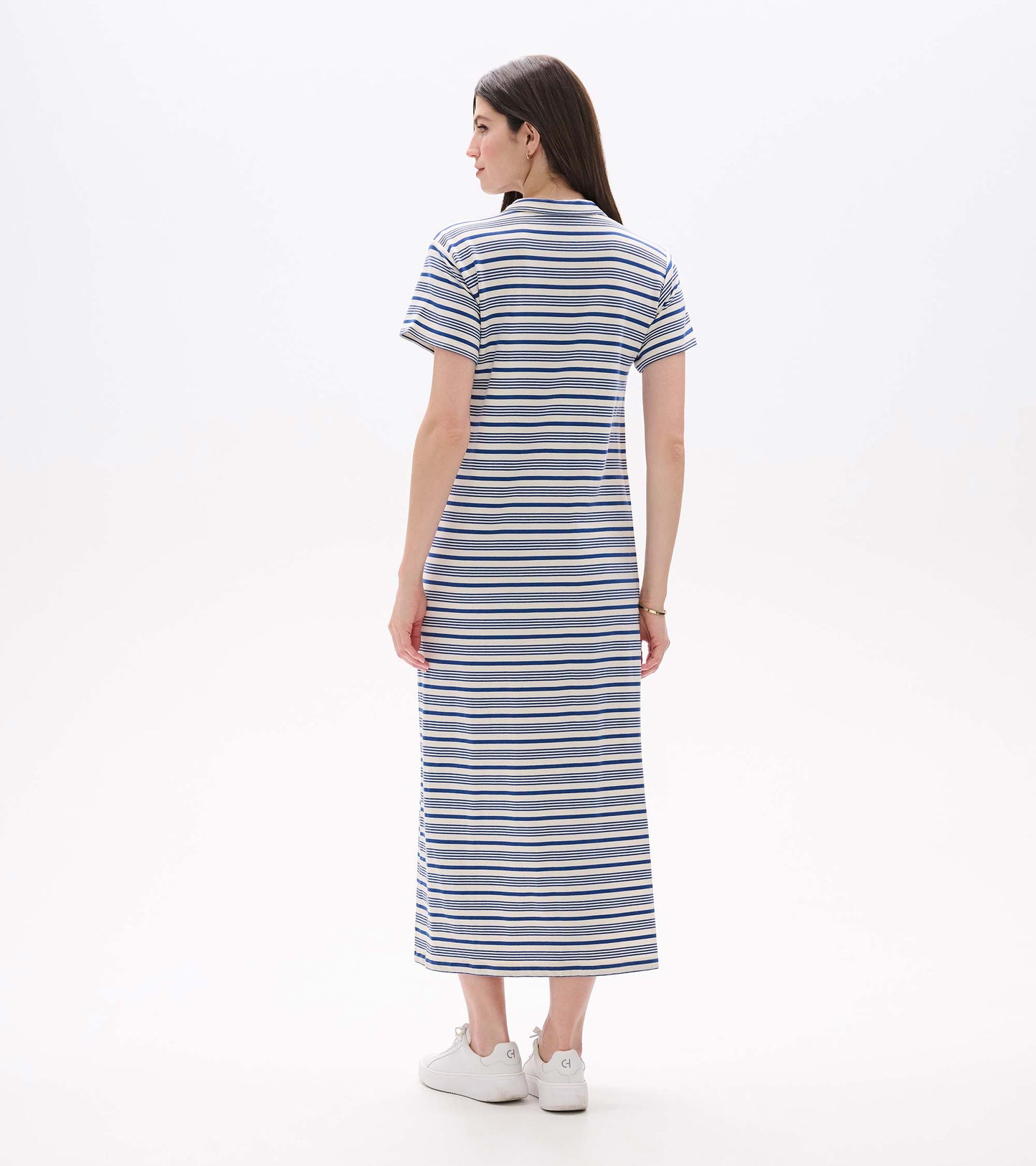 Back view of a blue-and-white striped short-sleeve maxi dress with a straight fit and crew neck.