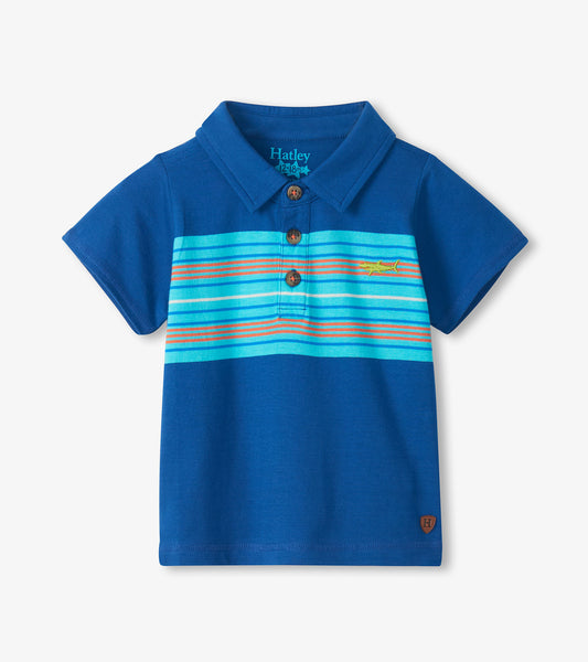 Blue short-sleeve boys polo shirt with striped chest, button placket, and small embroidered shark