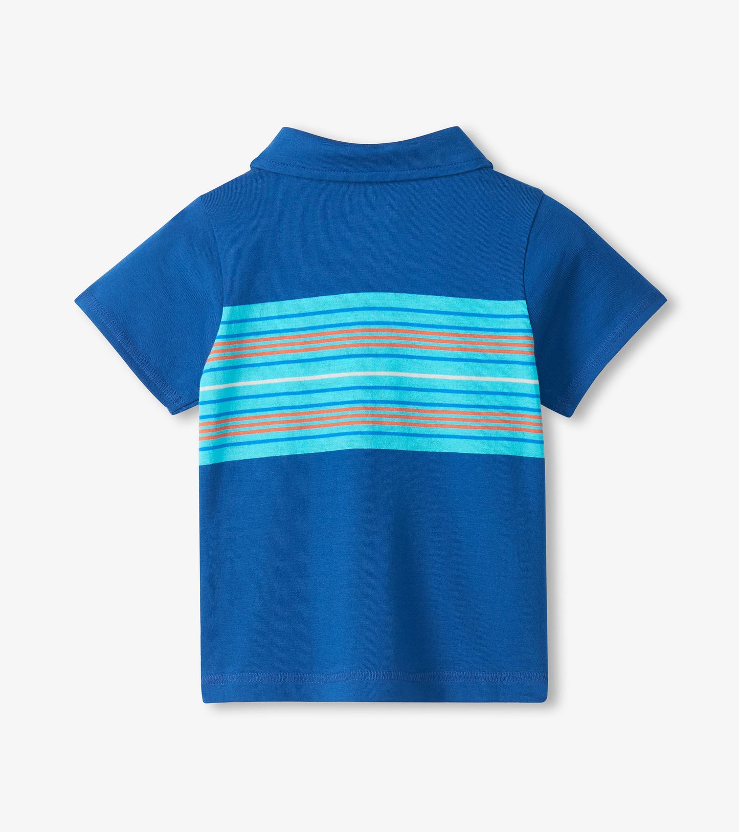 Back view of a blue short-sleeve polo shirt with turquoise and orange horizontal stripes across the upper back