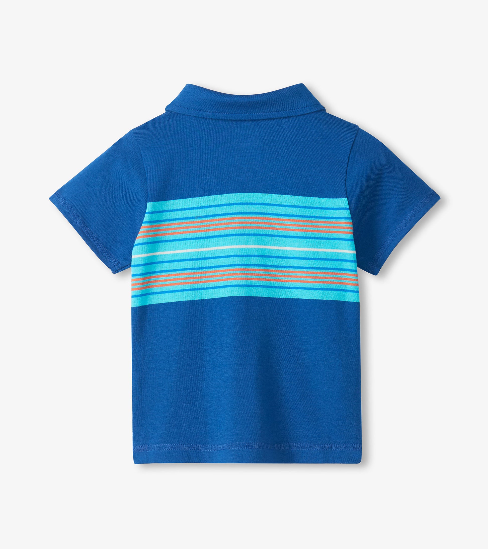 Back view of a blue short-sleeve polo shirt with turquoise and orange horizontal stripes across the upper back