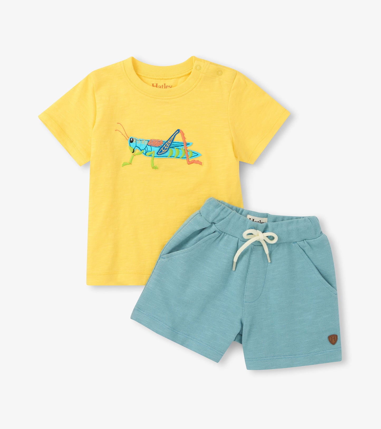 Yellow grasshopper graphic T-shirt with shoulder snaps and light blue drawstring shorts set