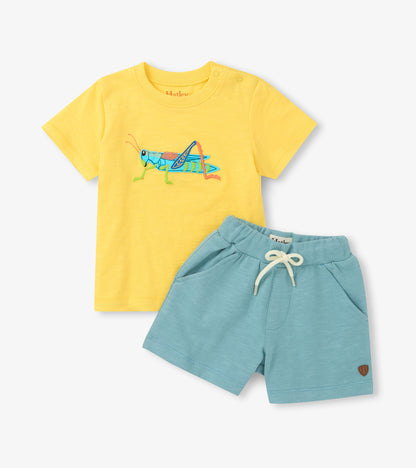 Yellow grasshopper graphic T-shirt with shoulder snaps and light blue drawstring shorts set