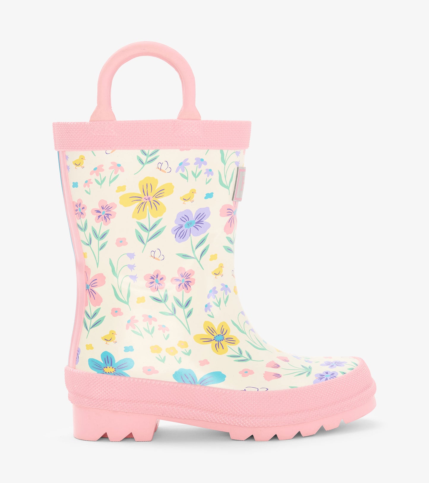Pink toddler rain boot with floral and chick print, side view, white shaft and pink sole