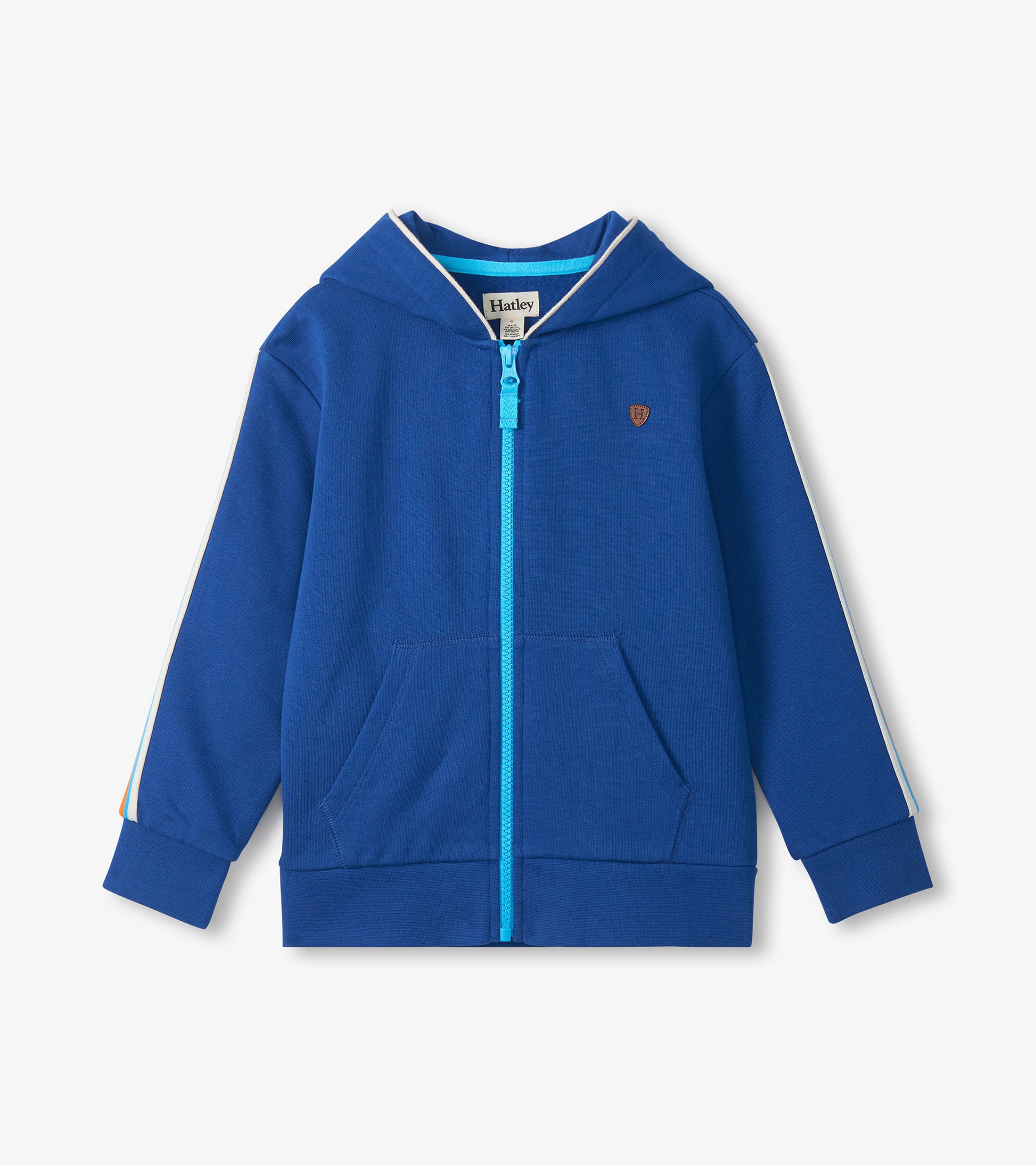 Blue boys full-zip hoodie with hood, front pockets, and bright blue zipper, front view
