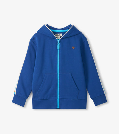 Blue boys full-zip hoodie with hood, front pockets, and bright blue zipper, front view