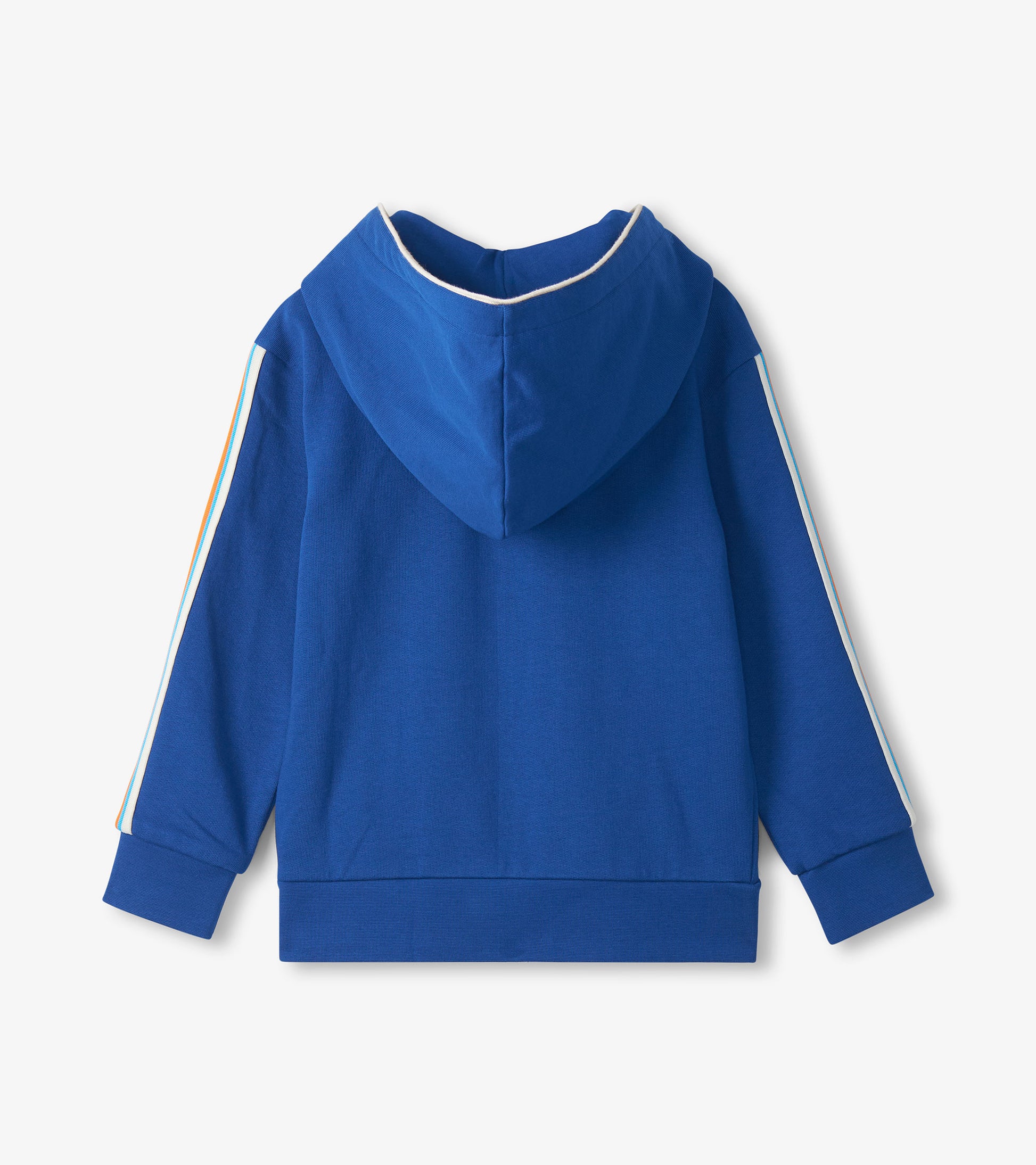 Blue boys full-zip hoodie with hood, ribbed cuffs and hem, and white-and-orange sleeve stripes, back view
