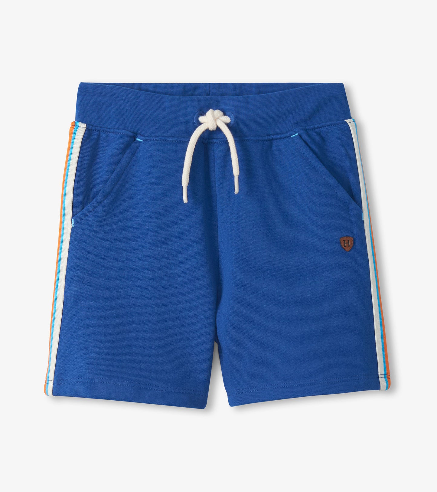 Blue pull-on shorts with white drawstring, side pockets, and striped side trim, front view