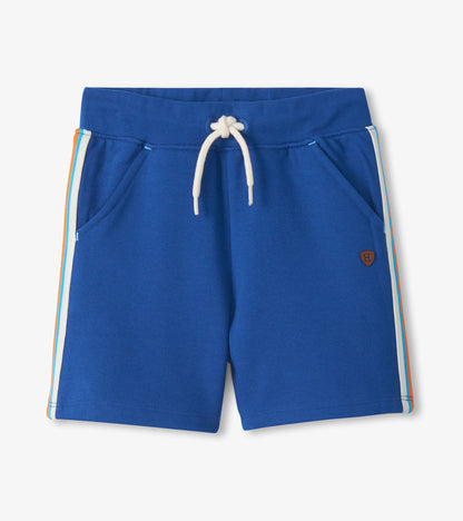 Blue pull-on shorts with white drawstring, side pockets, and striped side trim, front view