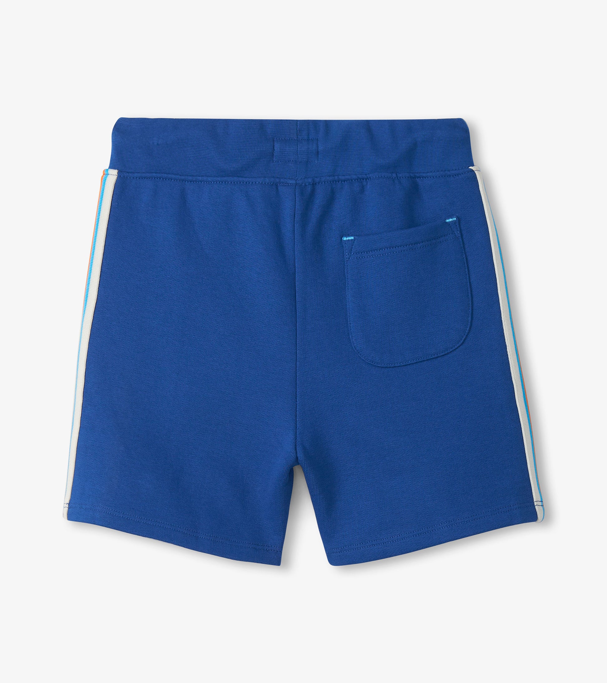 Blue pull-on shorts with side stripe trim and back patch pocket, front view