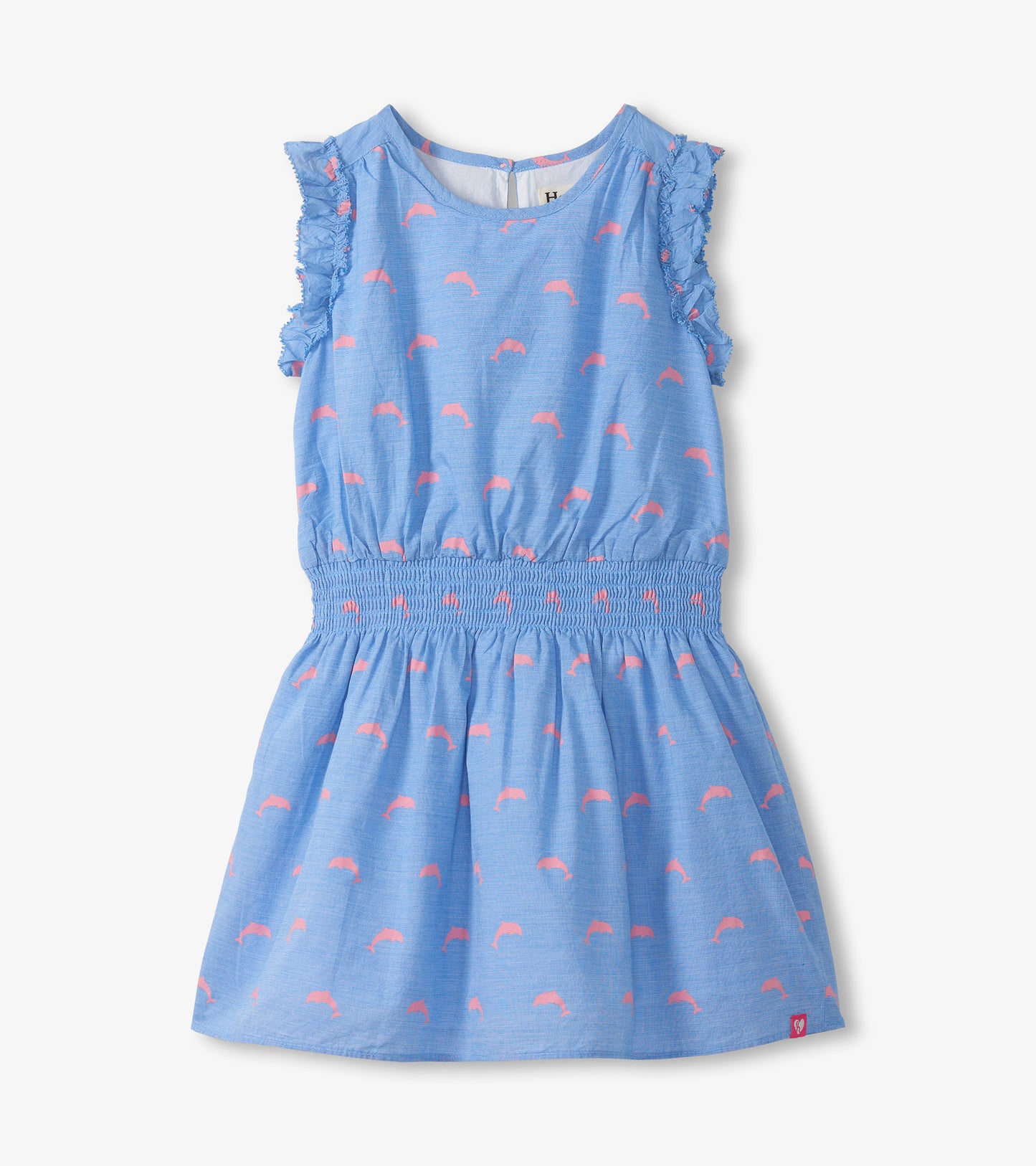 Blue girls woven dress with pink dolphin print, ruffled sleeves, and smocked waist, front view
