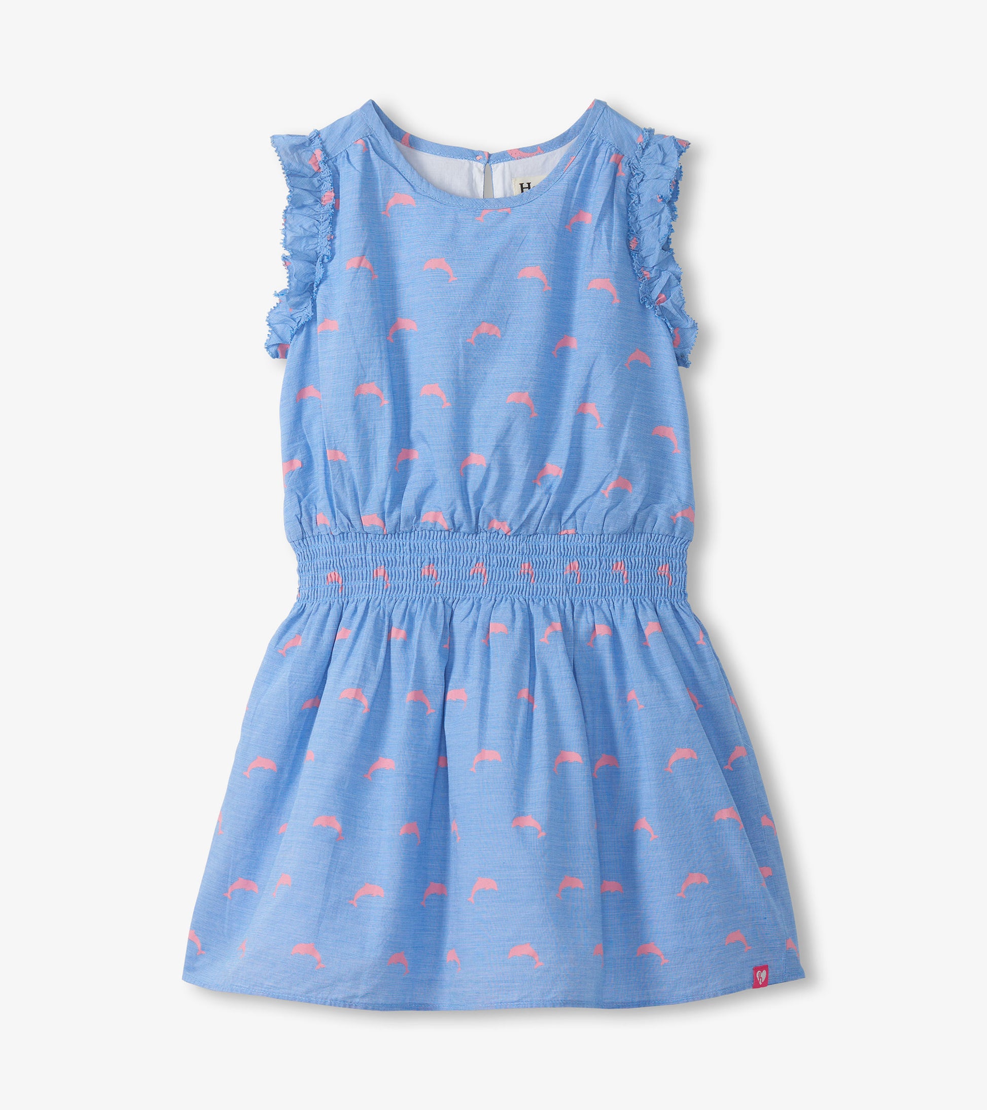 Blue girls woven dress with pink dolphin print, ruffled sleeves, and smocked waist, front view