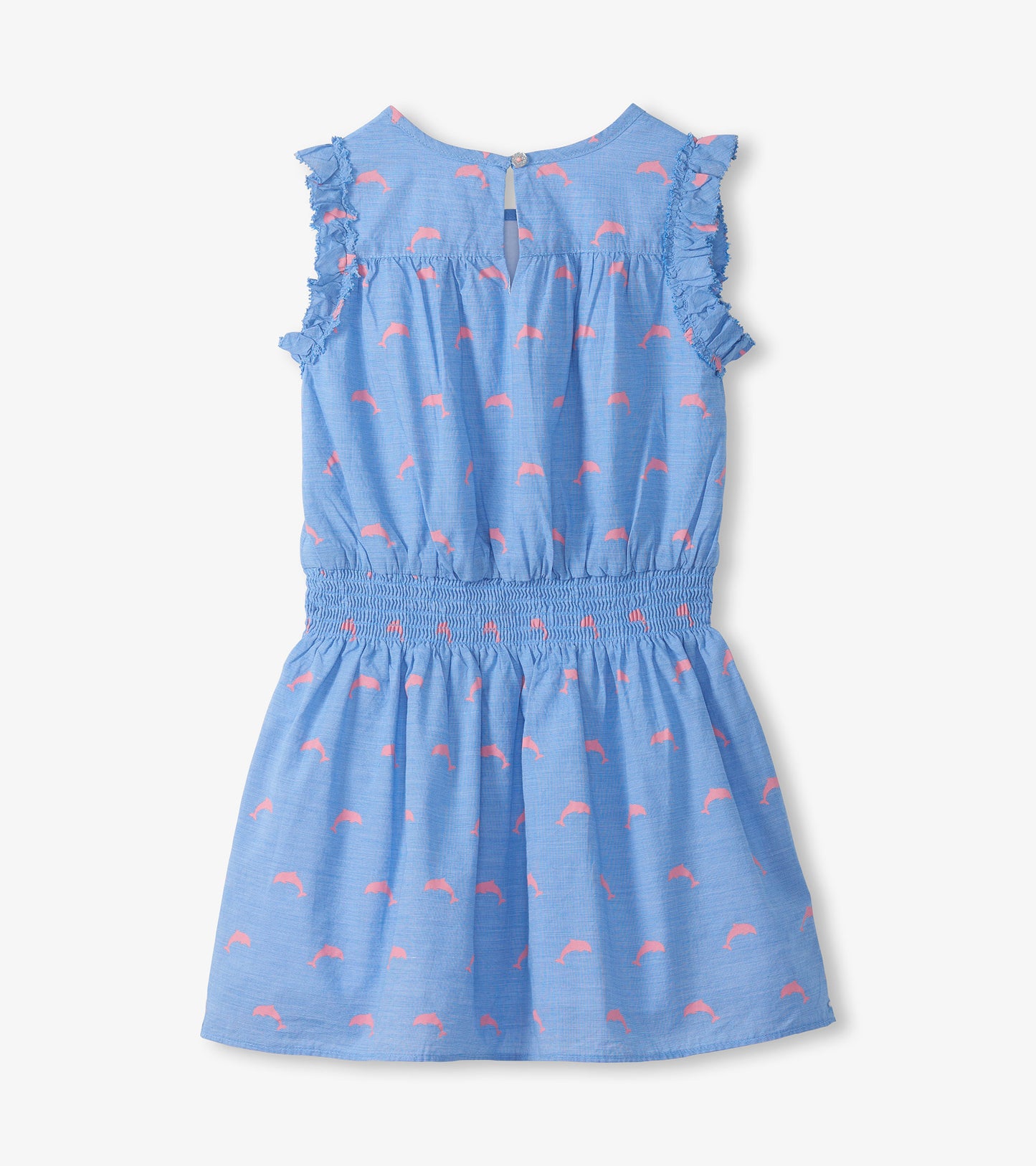 Blue girls’ sleeveless dress with pink dolphin print, ruffled shoulders, and gathered waist, front view