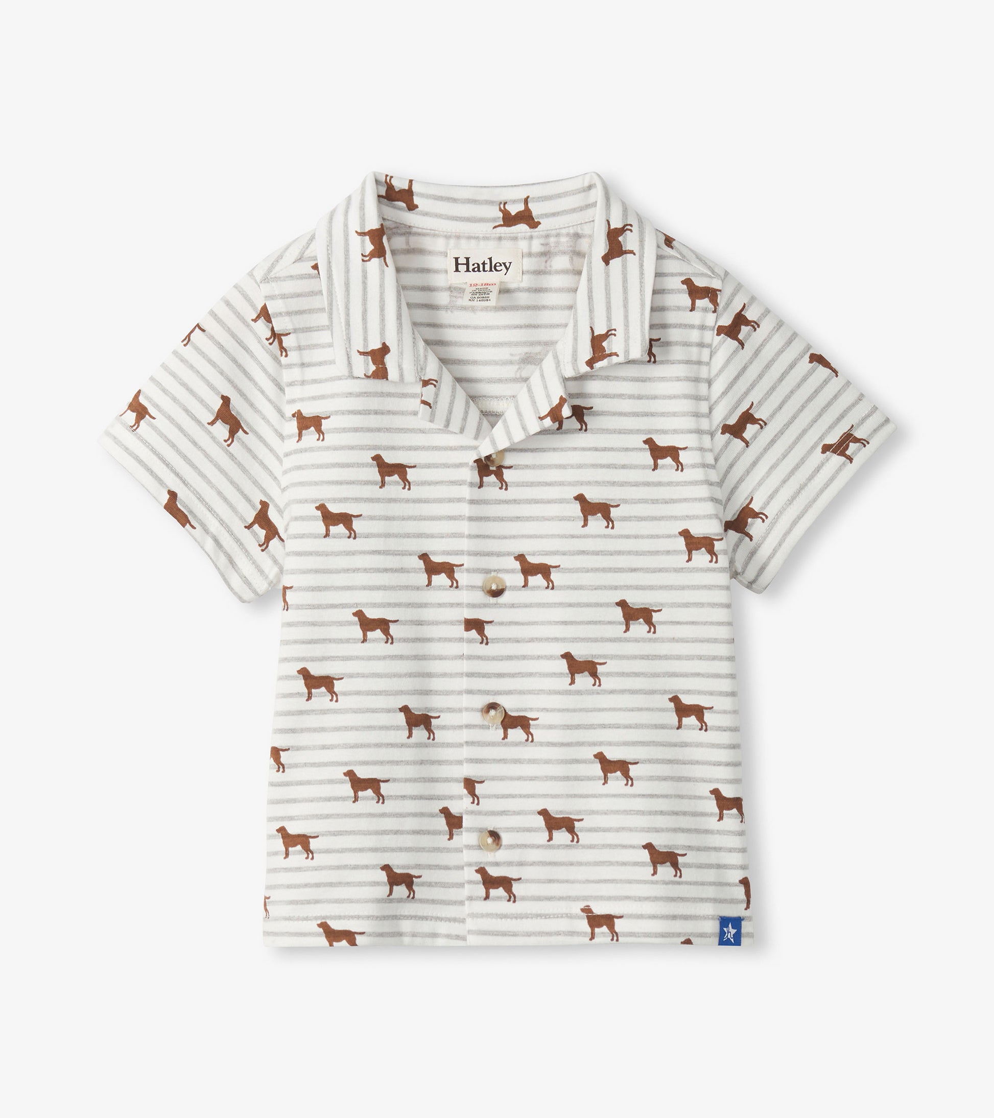 White and grey striped short-sleeve button-down shirt with brown dog print and camp collar