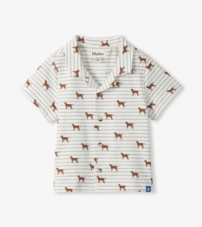 White and grey striped short-sleeve button-down shirt with brown dog print and camp collar
