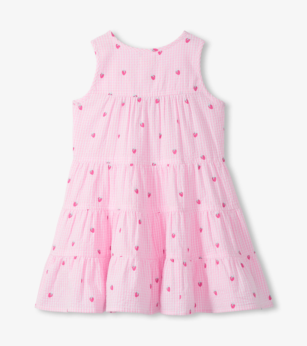 Back view of girls pink gingham tiered dress with tiny berry print and sleeveless bodice