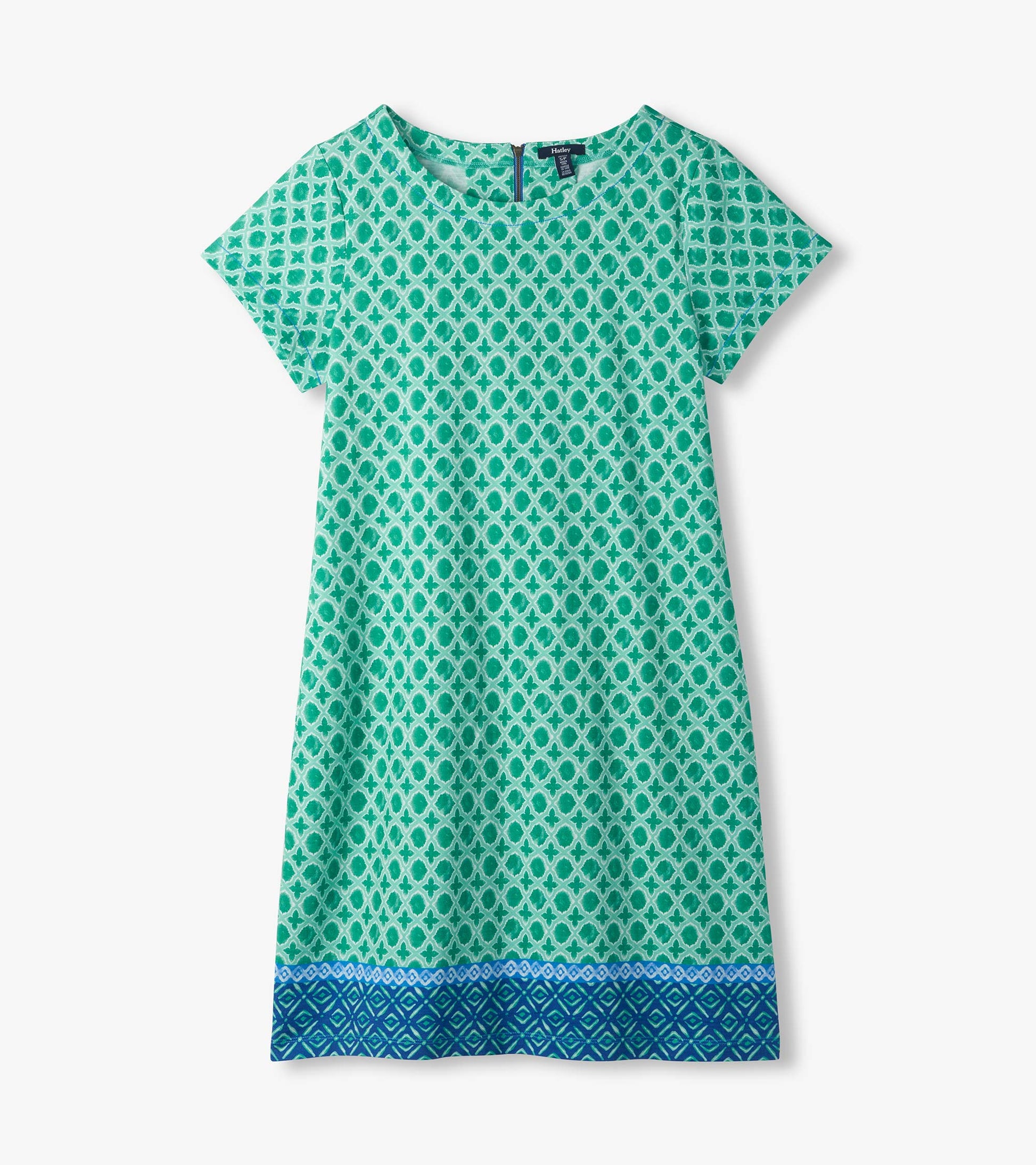 Flat lay of green medallion print tee dress with short sleeves and blue border hem
