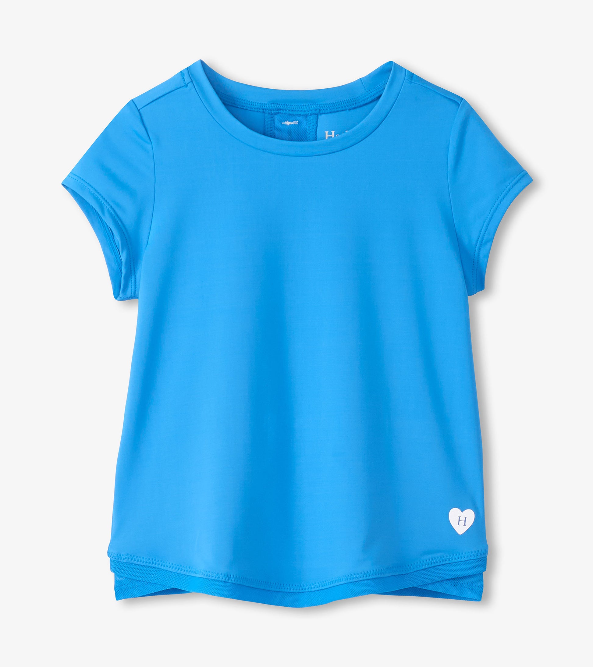Bright blue girls short-sleeve T-shirt with round neck, mesh trim, and small heart logo at hem, front view