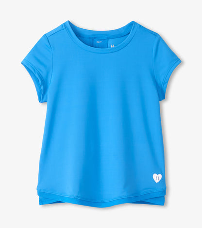 Bright blue girls short-sleeve T-shirt with round neck, mesh trim, and small heart logo at hem, front view