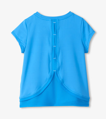 Blue short-sleeve girls T-shirt with mesh trim and layered back hem, front view