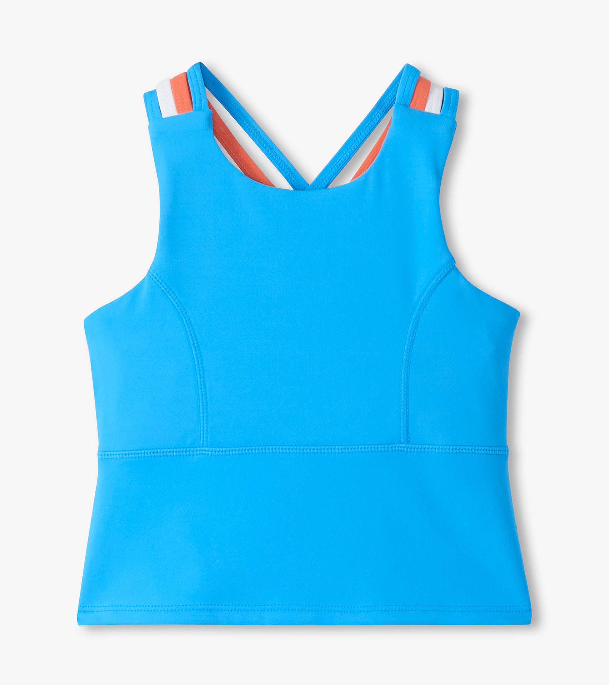 Girls blue strappy active tank top with racerback and contrast striped straps, front view