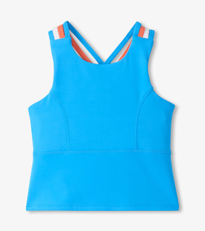 Girls blue strappy active tank top with racerback and contrast striped straps, front view