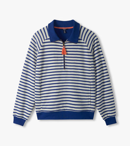 Mock Neck Pullover - Mezarine Blue Stripes