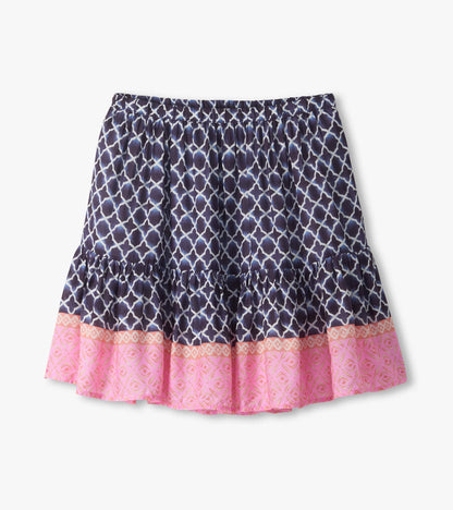 Navy and pink patterned flounce skirt with elastic waist and tiered ruffled hem, front view