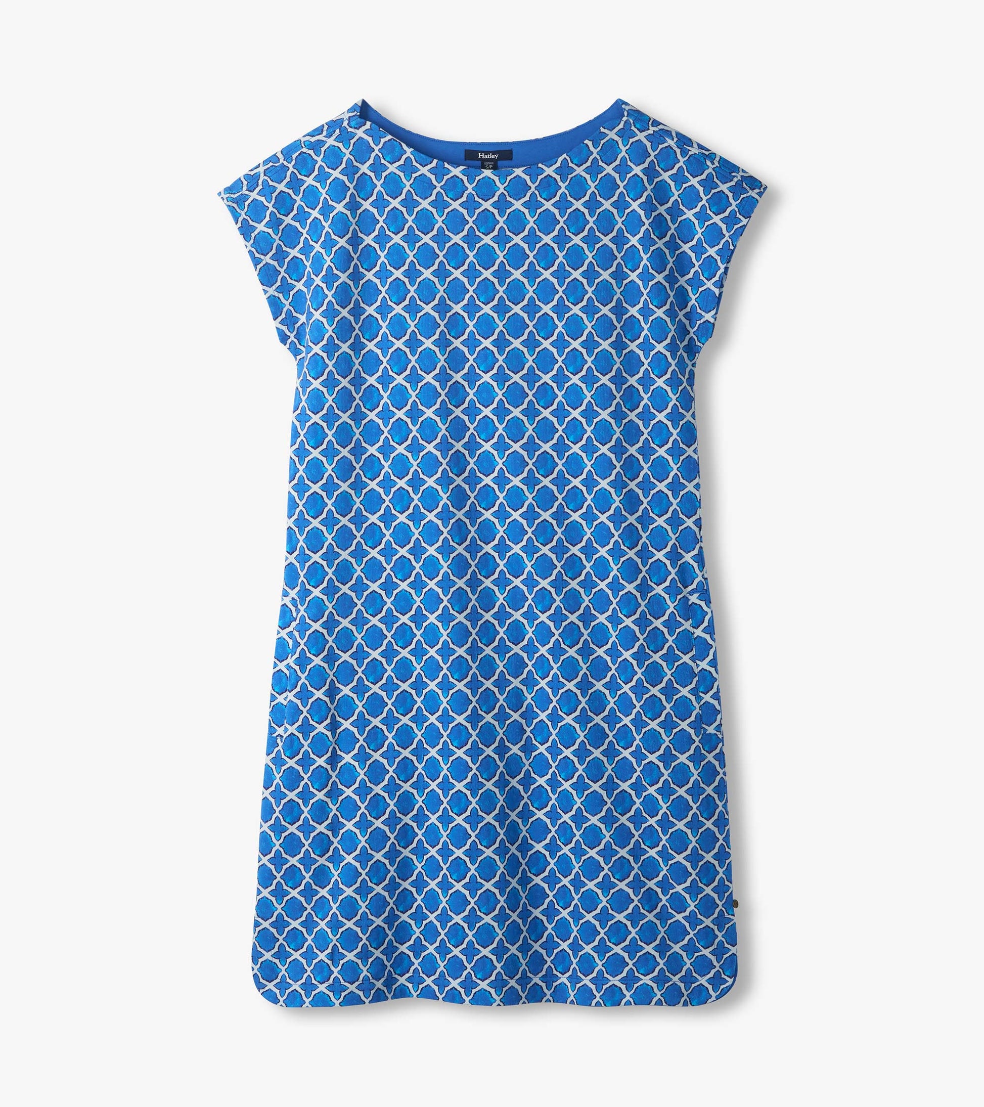 Blue patterned short-sleeve shift dress with rounded hem, front view