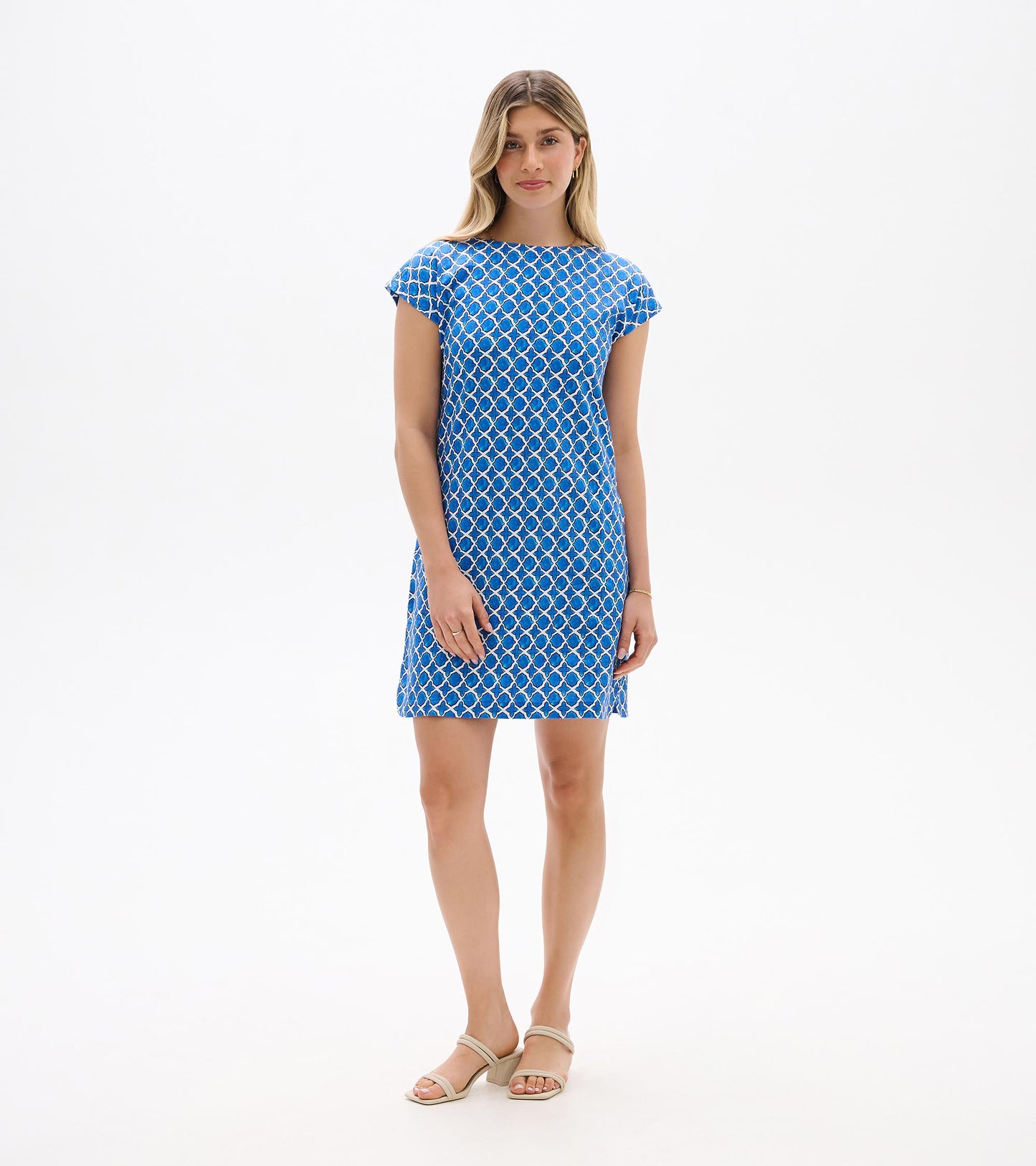 Blue and white geometric print short-sleeve shift dress, front view, above-knee length
