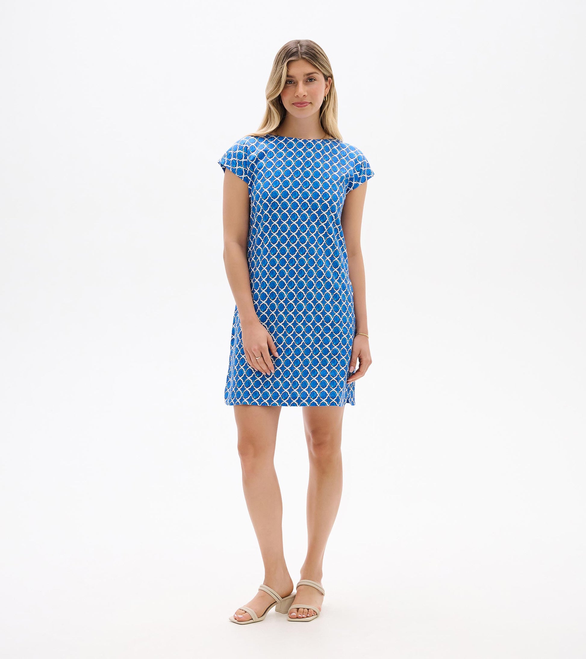 Blue and white geometric print short-sleeve shift dress, front view, above-knee length