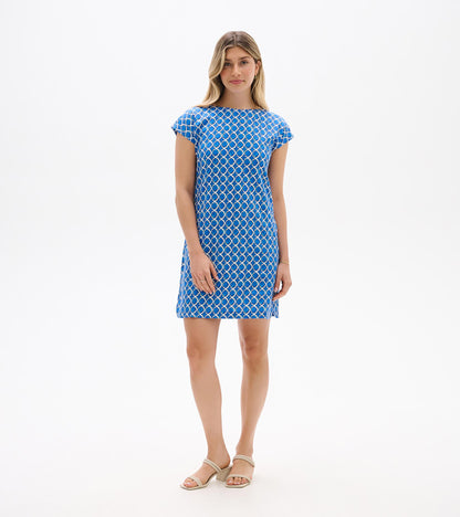 Blue and white geometric print short-sleeve shift dress, front view, above-knee length