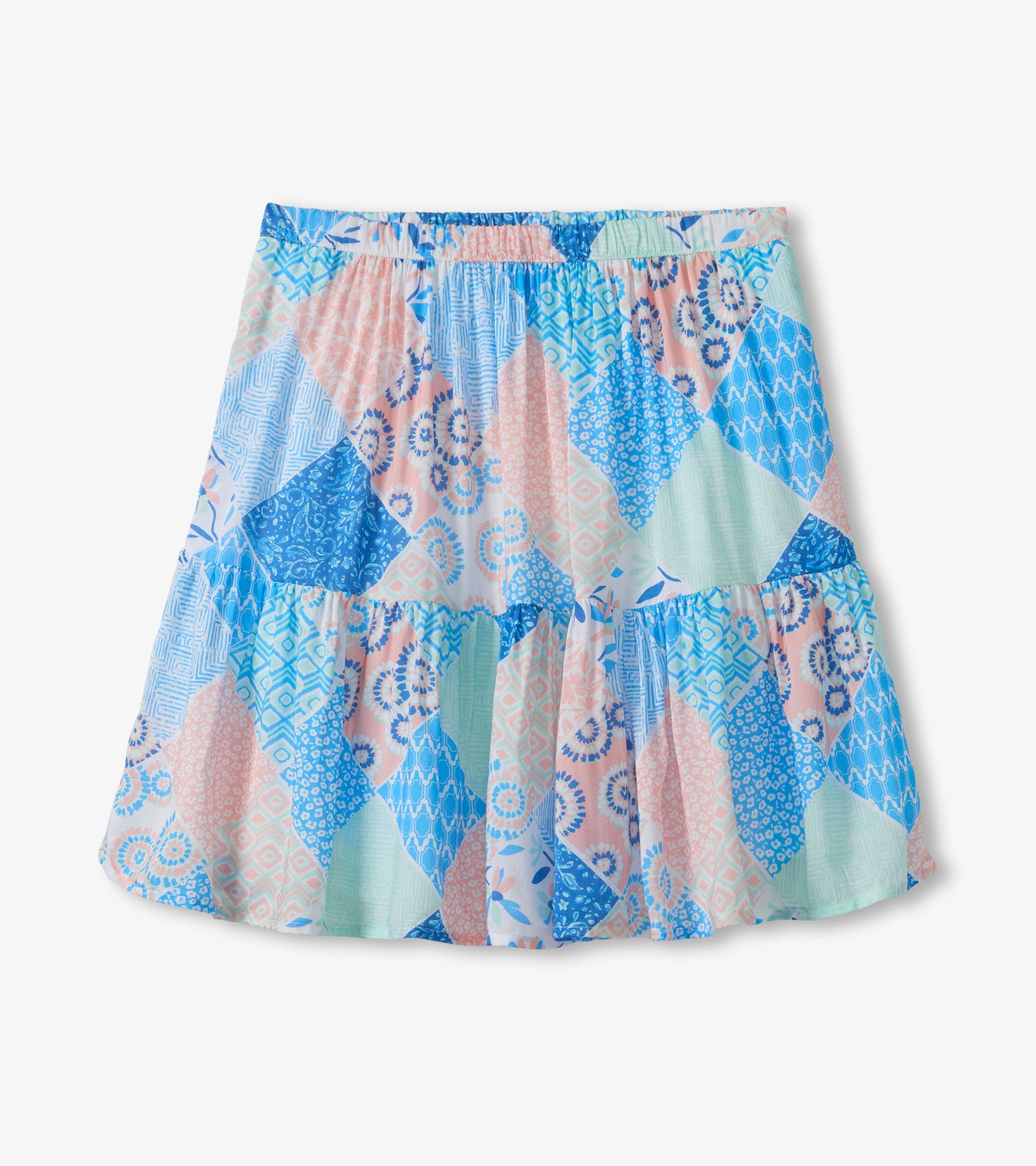 Patchwork flounce skirt with blue, pink, and mint geometric and floral prints, front view